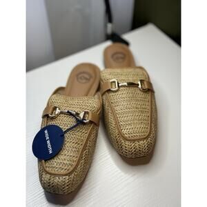Mountain Bobbin Beige Straw Woven Mule Loafers Sz 9.5W Gold Buckle Slip On NWT